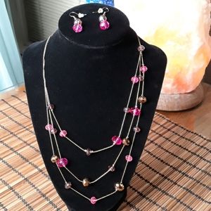 3 strand pink, purple, and bronze beaded necklace